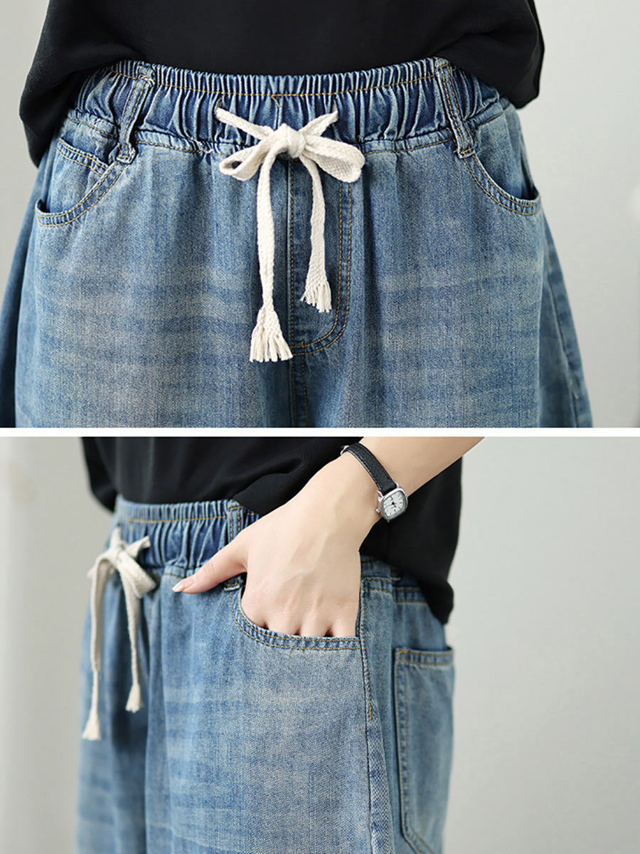 Plus Size Women Casual Summer Pure Color Wide-leg Jeans