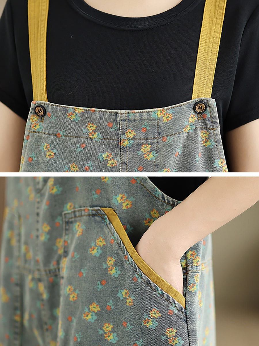 Plus Size Women Summer Casual Floral Denim Wide-leg Jumpsuits
