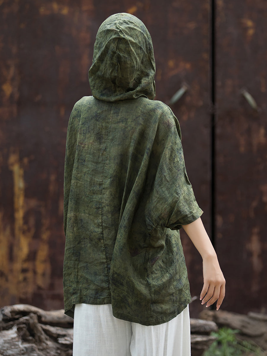 Plus Size Women Summer Vintage Tie-dye Batwing Sleeve Hooded Shirt