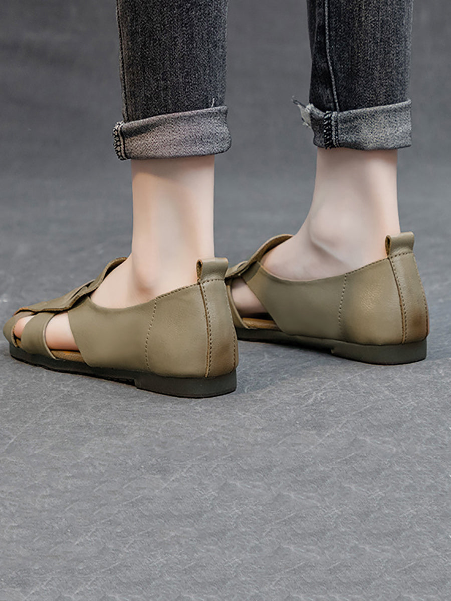 Women Summer Solid Vintage Leather Hollow Out Soft Shoes