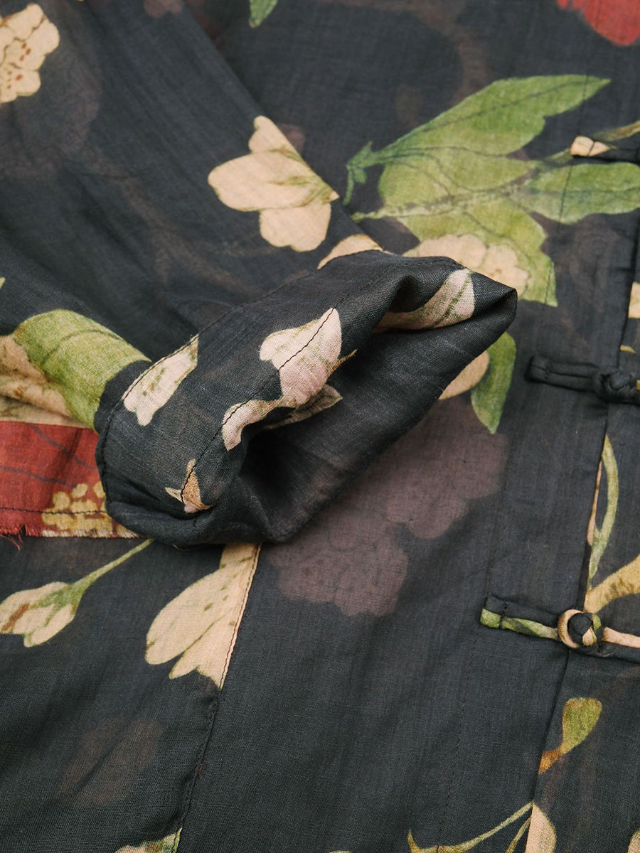 Plus Size Women Vintage Flower Print Ramie Spring Shirt