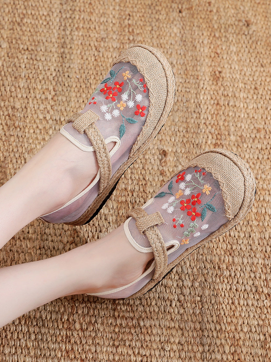 Women Ethnic Flower Embroidery Linen Shoes