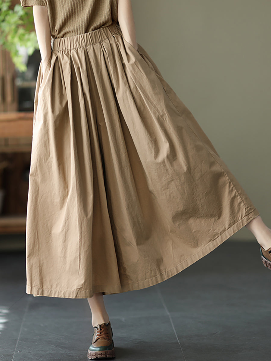 Plus Size Women Summer Solid Pleat Button Pocket Wide-leg Pants