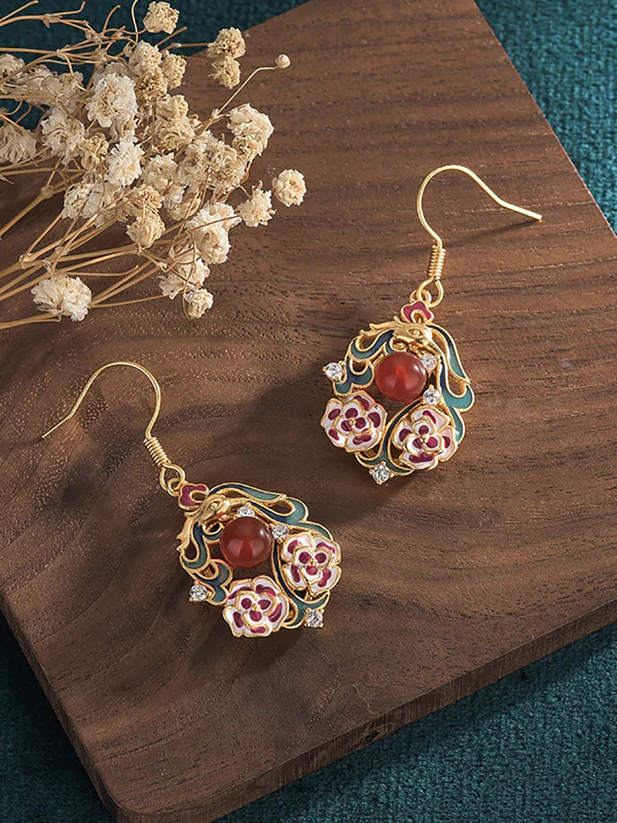 Women Chinese Style Enamel Flower Jade Silver Earrings