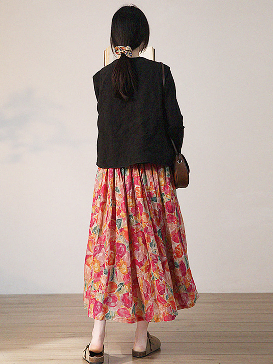 Plus Size Women Summer Artsy Flower Drawstring Ramie Skirt