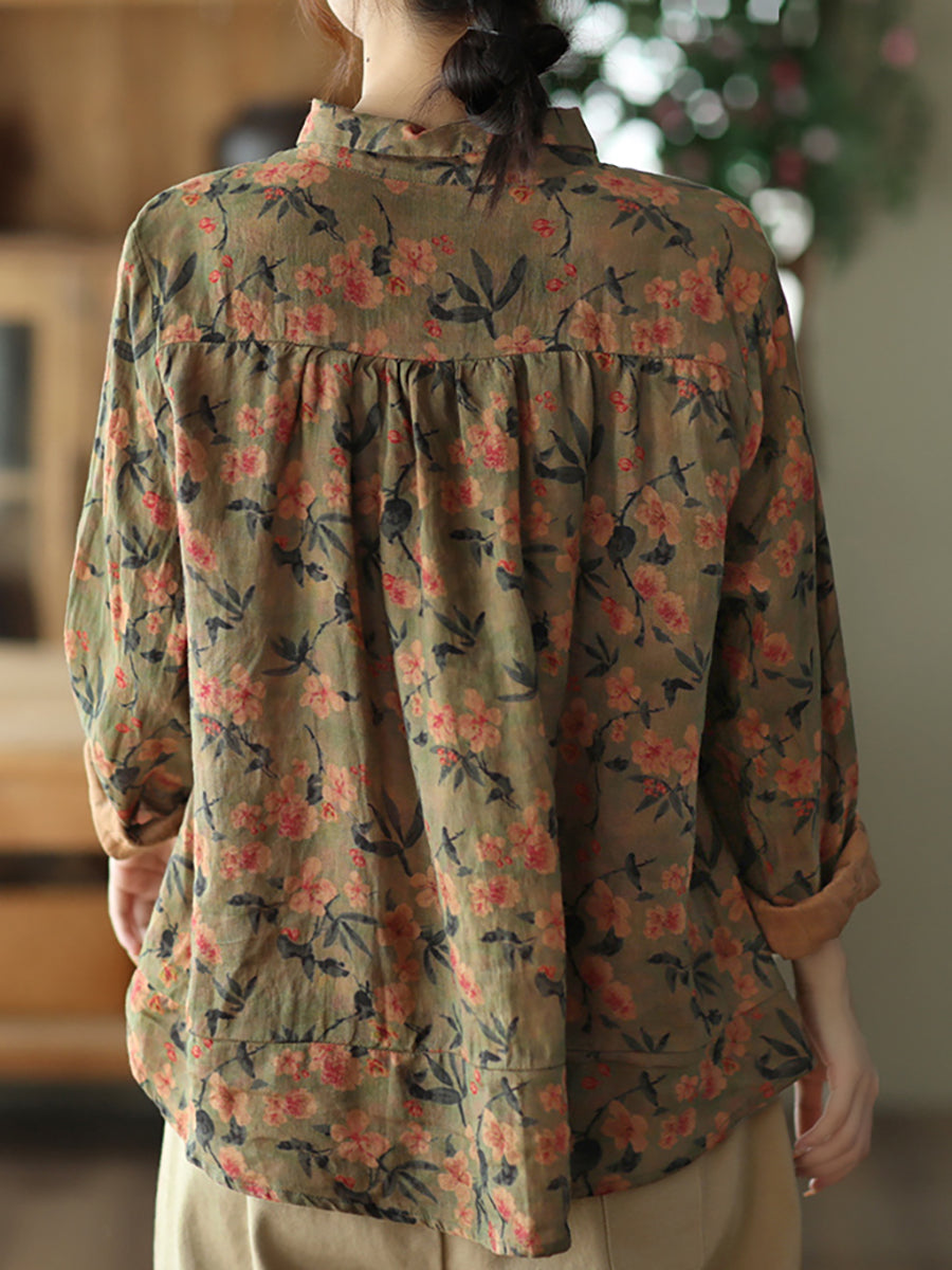 Summer Vintage Printed Linen Shirt Turn-down Collar Top