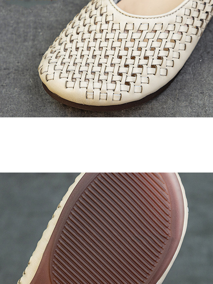Women Summer Vintage Leather Weave Low Heel Shoes