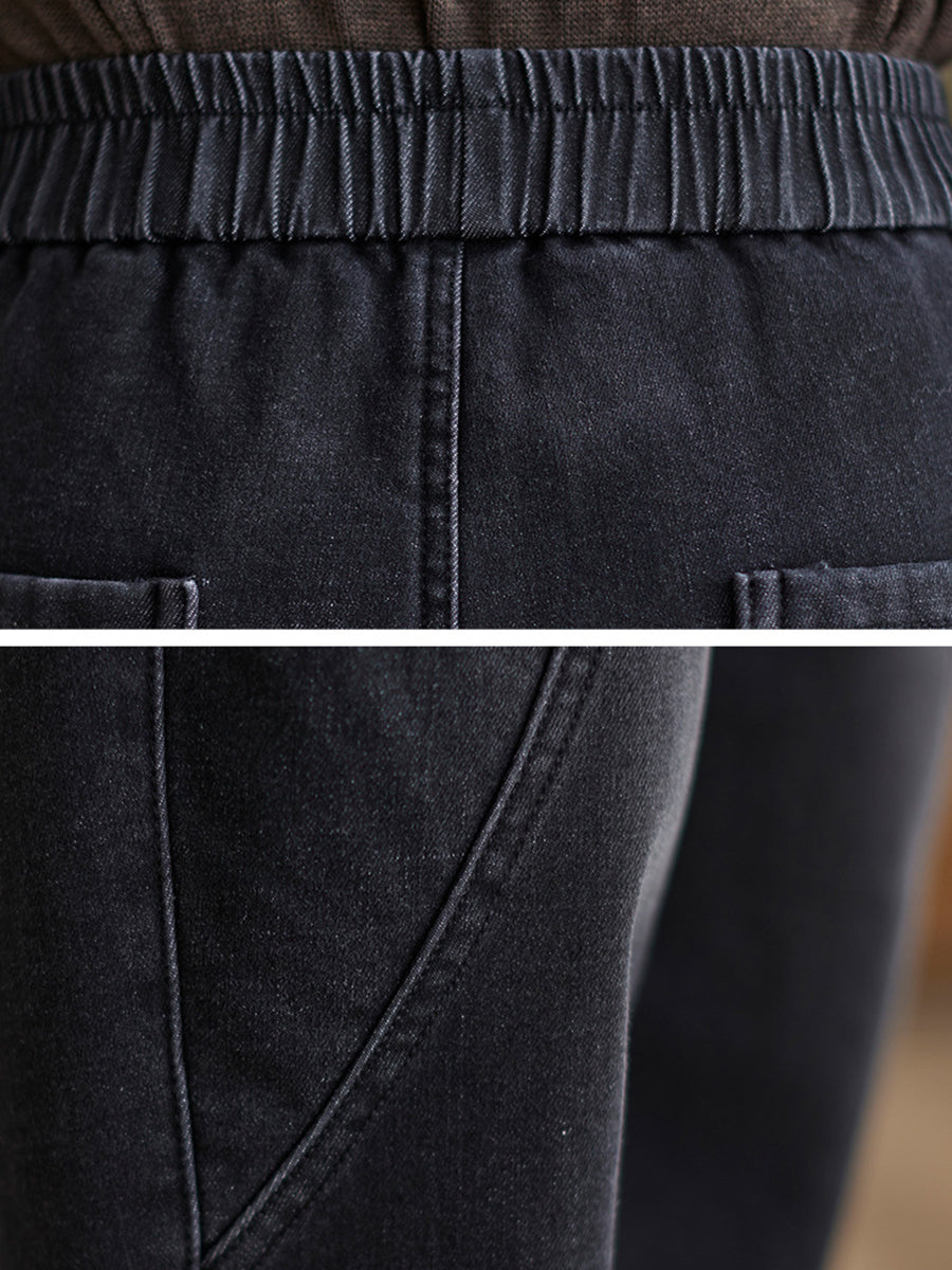 Women Autumn Vintage Solid Fleece-lined Denim Harem Pants