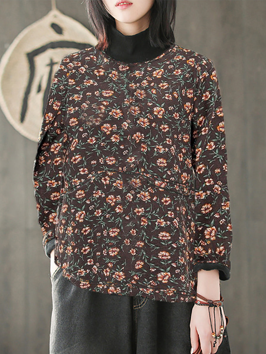 Plus Size Vintage Flower Half-high Collar Spliced Cotton Blouse