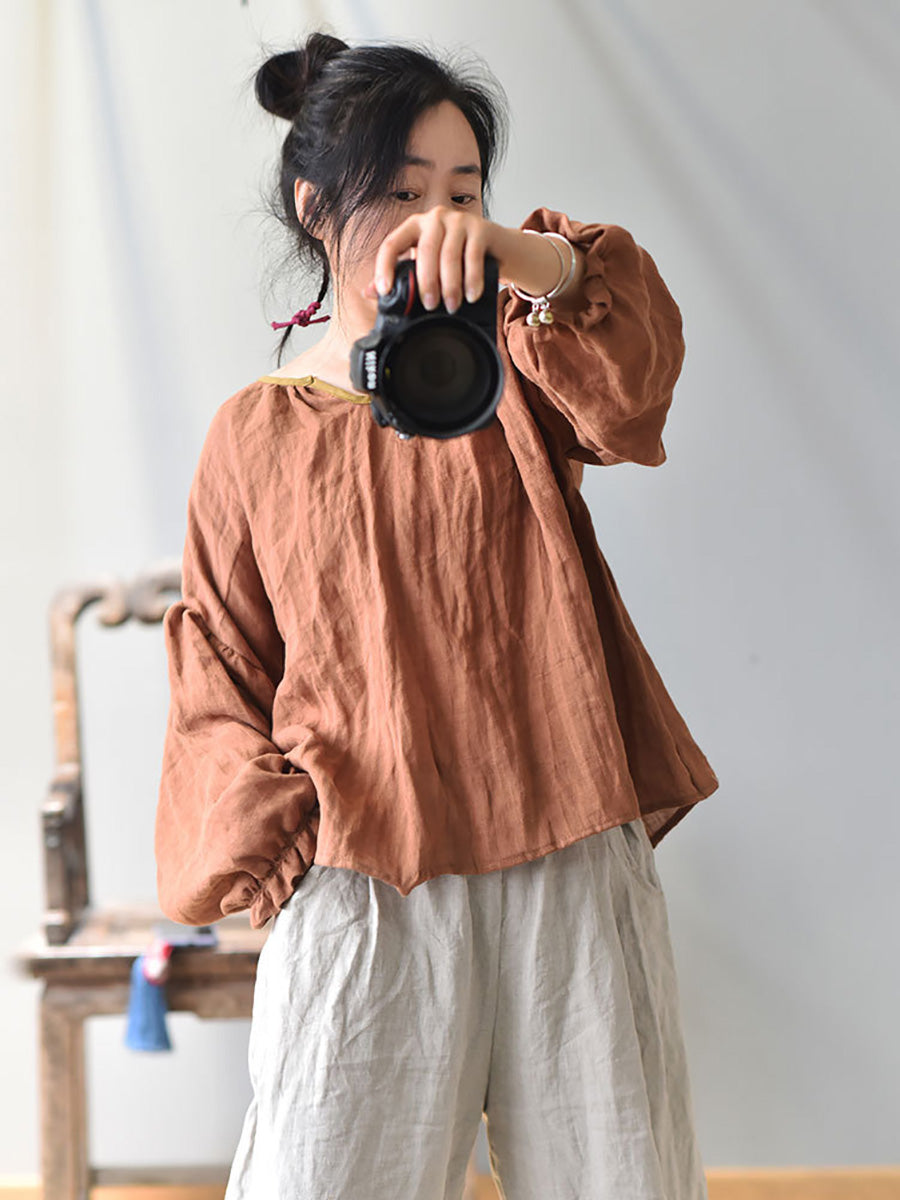 Plus Size Women Spring Retro V-Neck Puff Sleeve Blouse