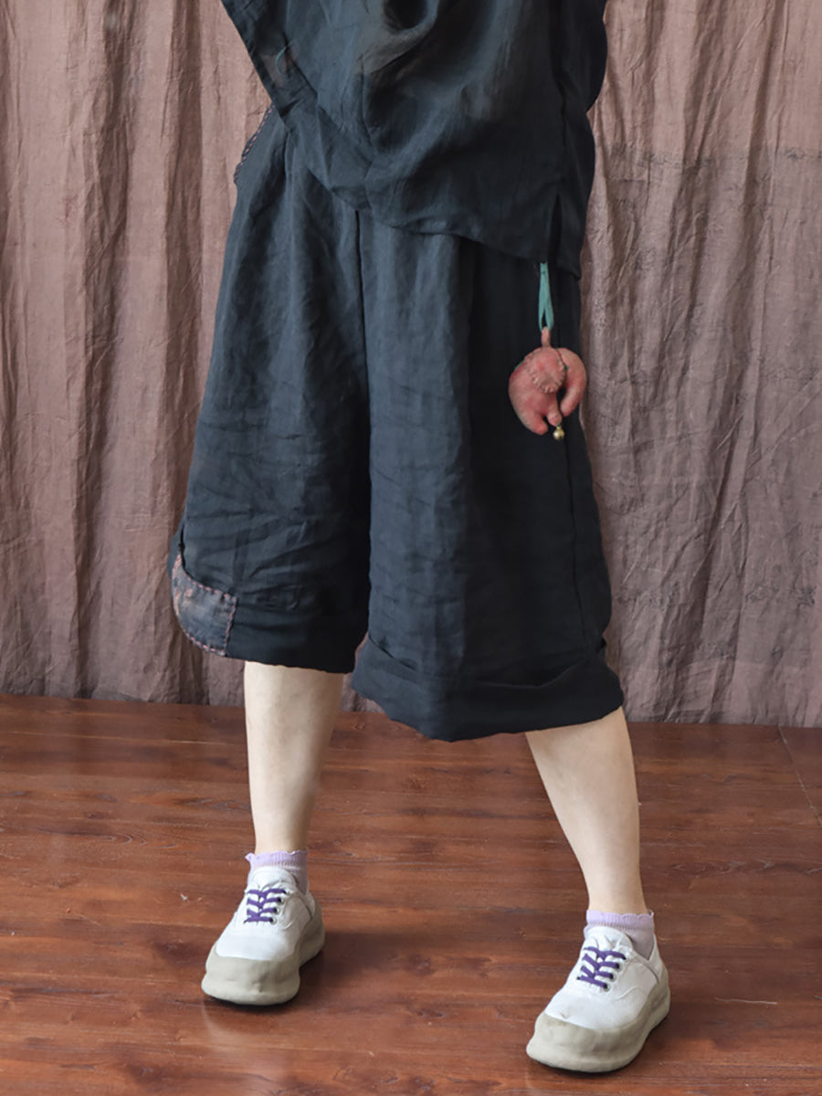Plus Size Women Vintage Patch Stitching Loose Short Pants