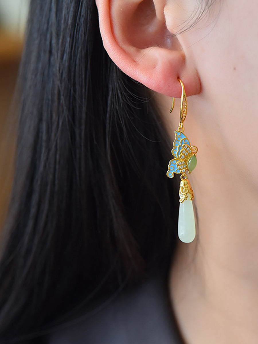 Women Ethnic Jade Enamel Butterfly S925Silver Earrings