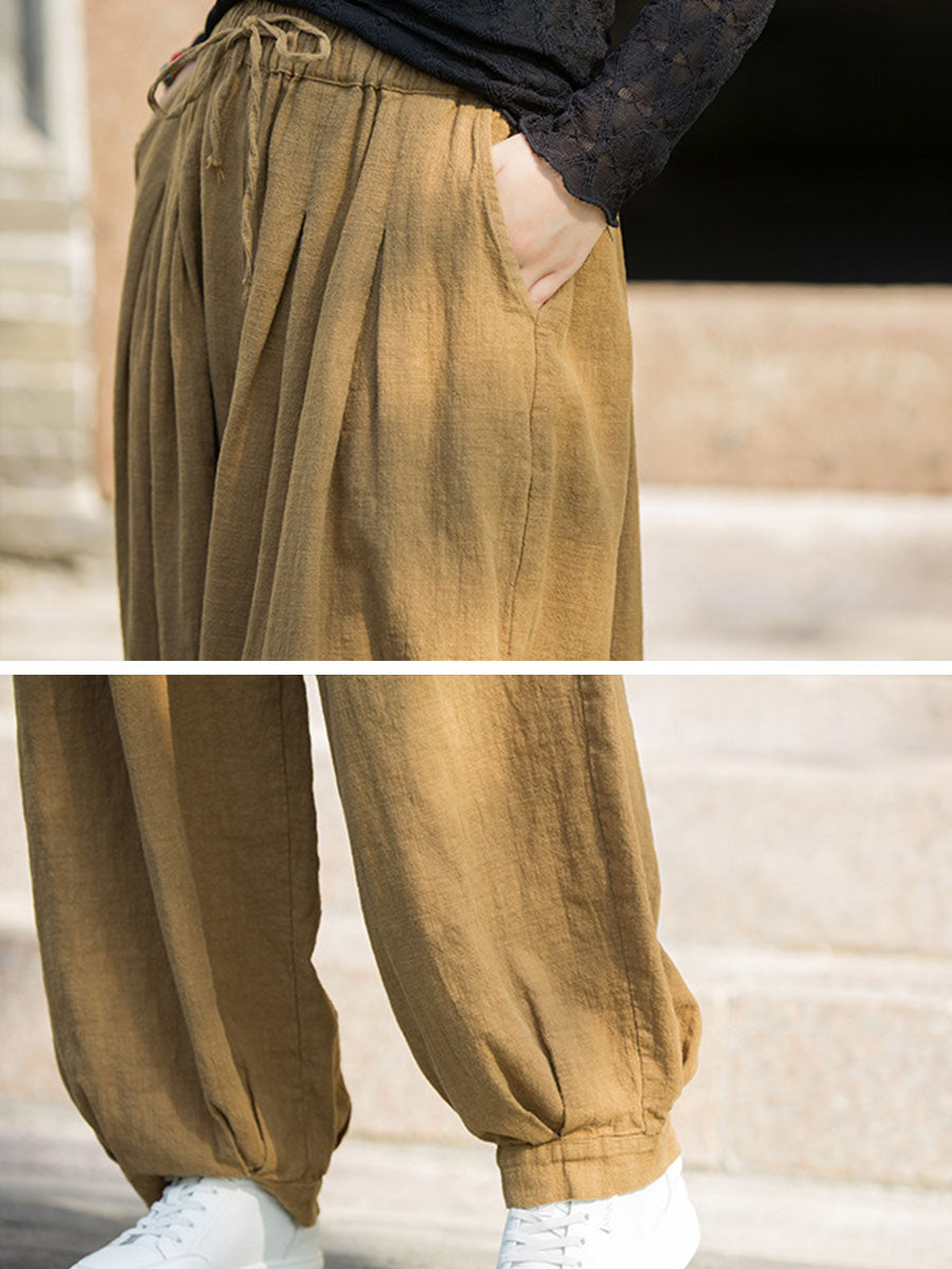 Women Autumn Vintage Solid Ramie Loose Harem Pants