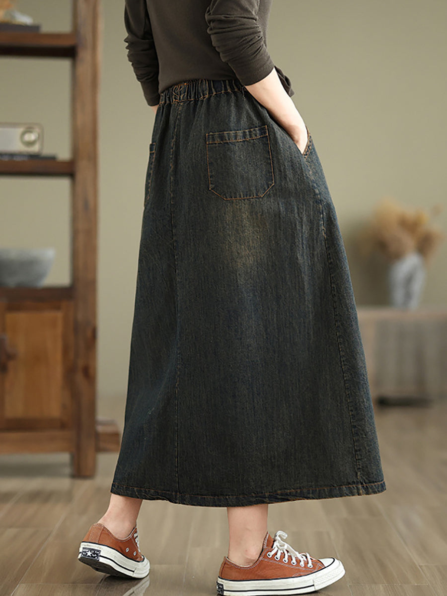 Women Spring Artsy Cat Fish Embroidery Denim Skirt