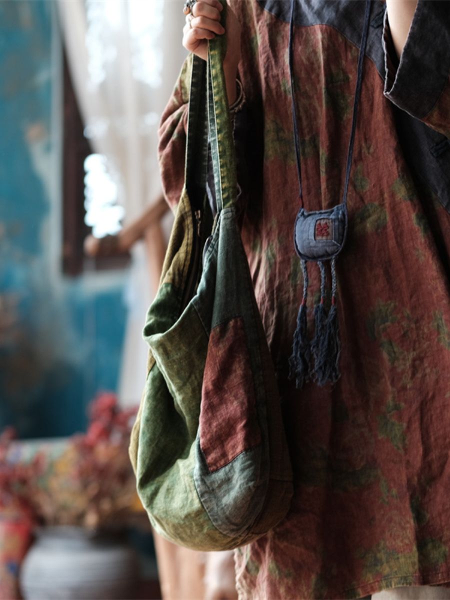 Women Vintage Green Patchwork Cotton Shoulder Bag
