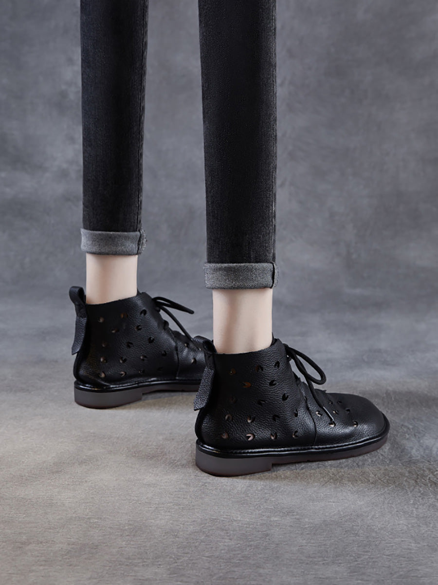 Women Summer Genuine Leather Hollow Out Ankle Boots