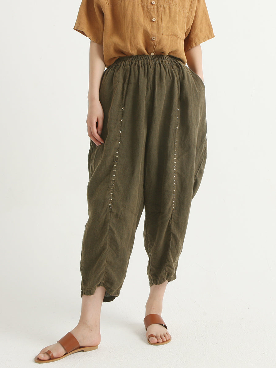 Linen Vintage Women Elastic Waist Loose Harem Pants