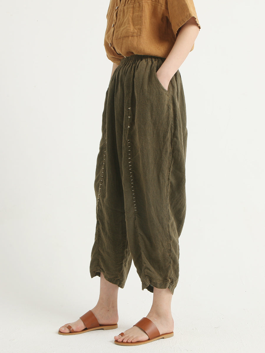 Linen Vintage Women Elastic Waist Loose Harem Pants