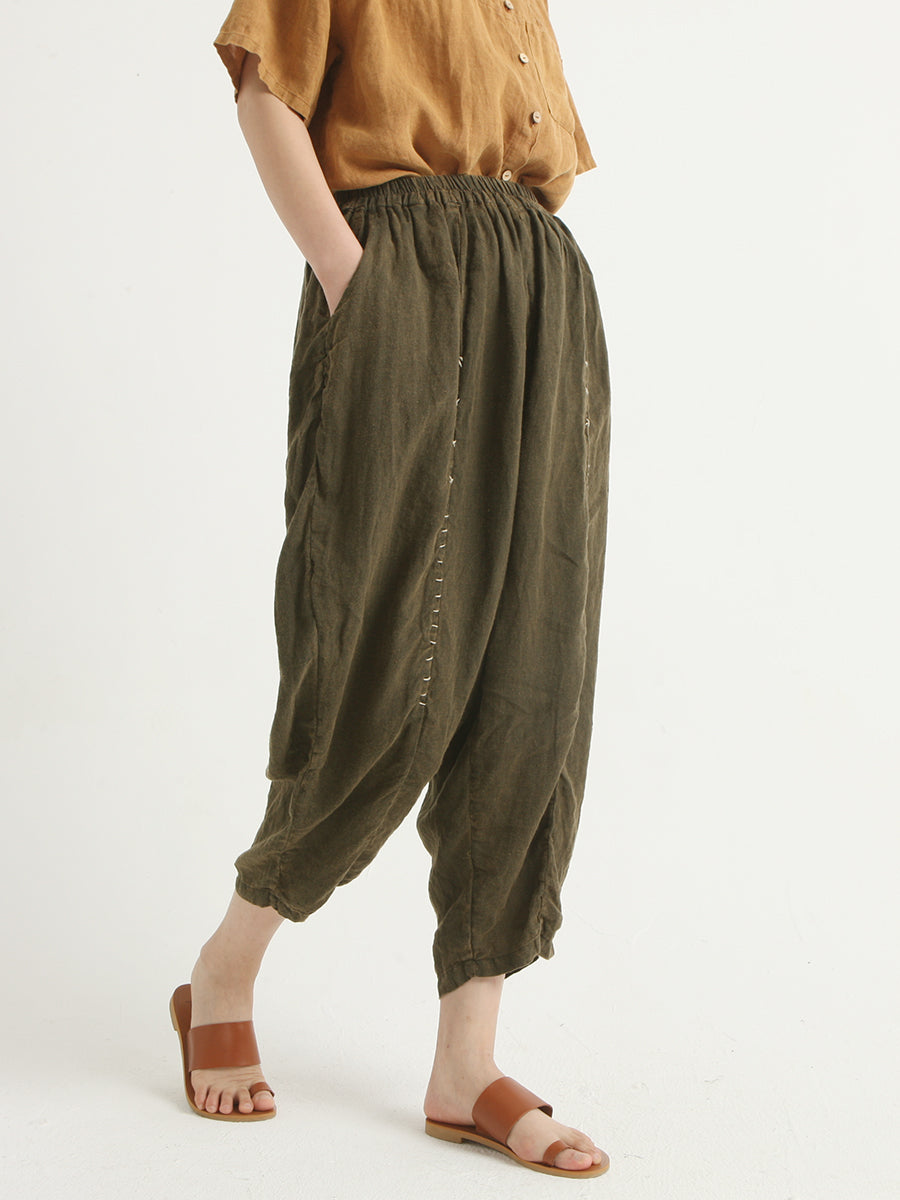 Linen Vintage Women Elastic Waist Loose Harem Pants