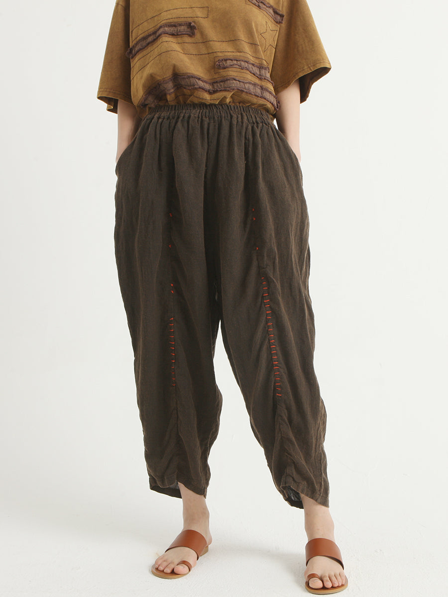 Linen Vintage Women Elastic Waist Loose Harem Pants