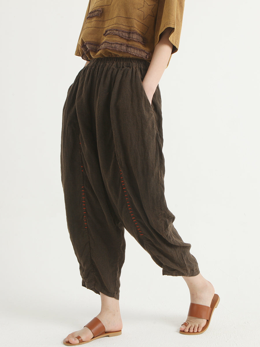 Linen Vintage Women Elastic Waist Loose Harem Pants