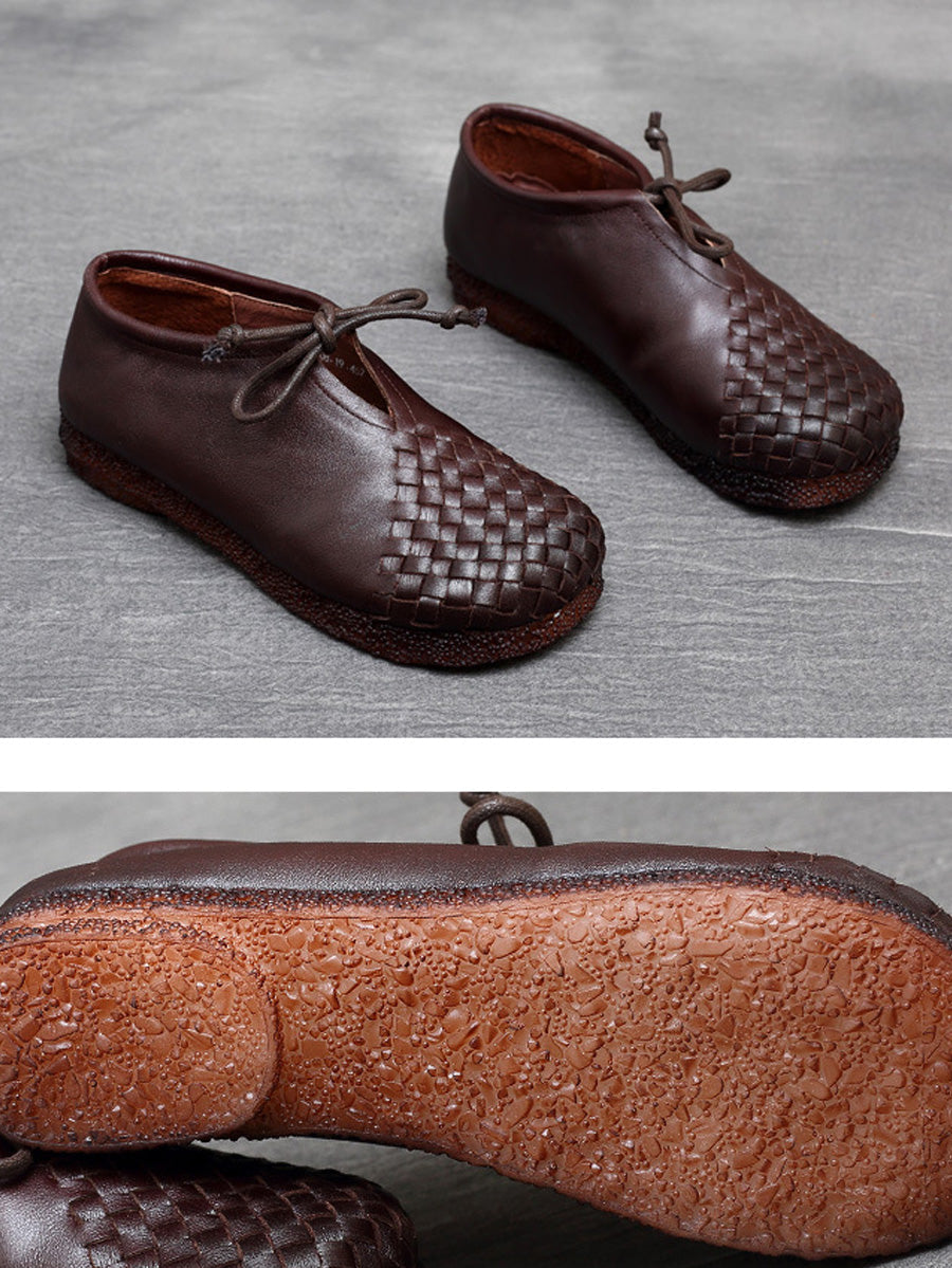 Women Summer Vintage Leather Weave Low Heel Shoes