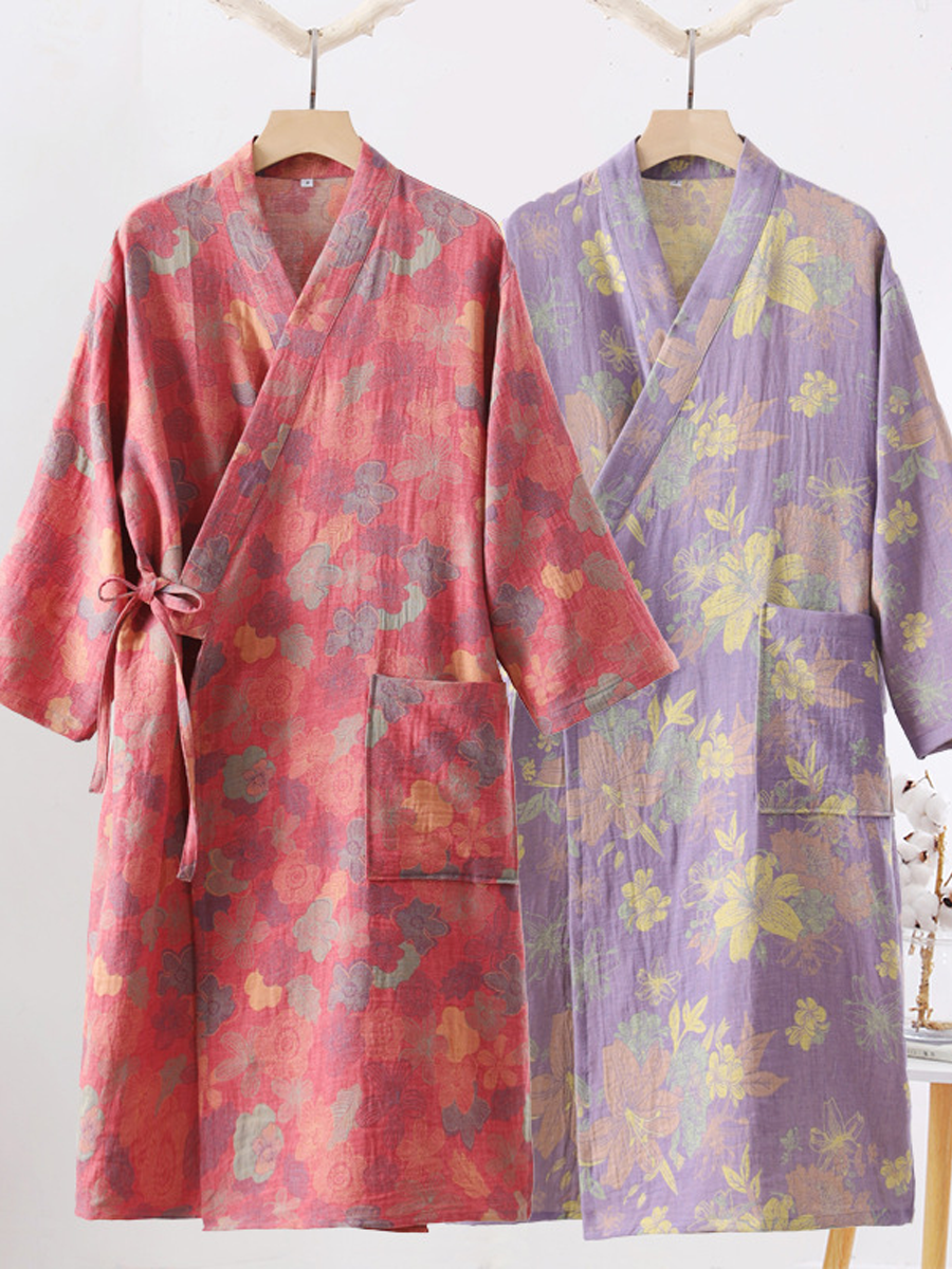 Vintage Floral 100% Cotton Double-Layer Gauze Robe