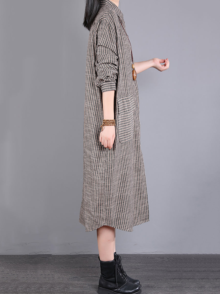 Plus Size Women Autumn Stripe Turn-down Collar Cotton Dress