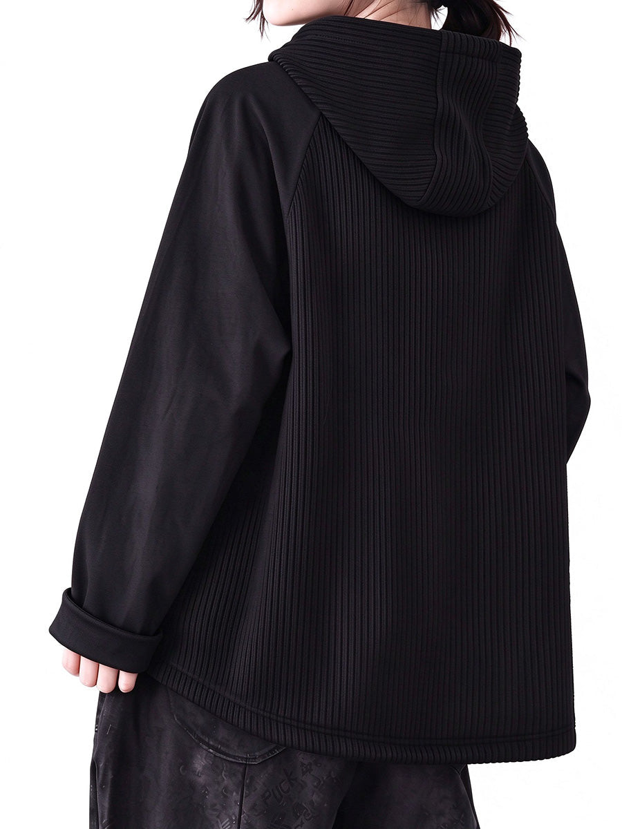 Plus Size Women Casual Loose Solid Color Bonded Patchwork Hooded Sweatshirt