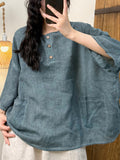 Plus Size Women Summer Retro Pure Color O-Neck Shirt
