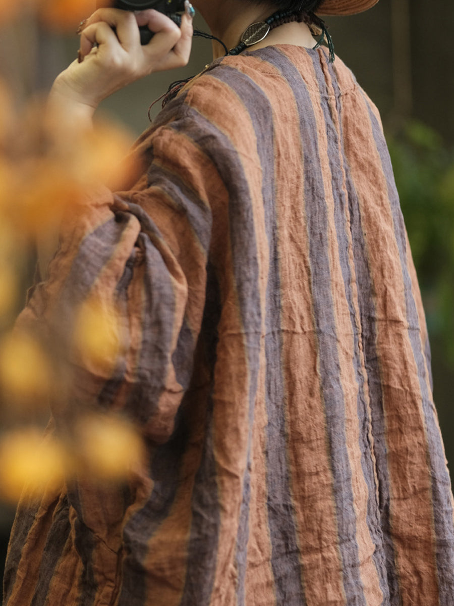 Women Summer Retro Stripe Patch O-Neck Linen Blouse