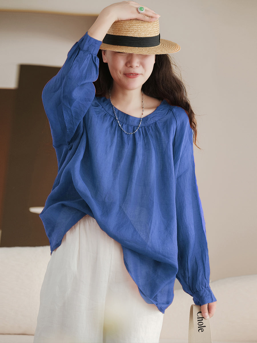 Plus Size Women Summer Solid Vintage Full Sleeve Ramie Blouse