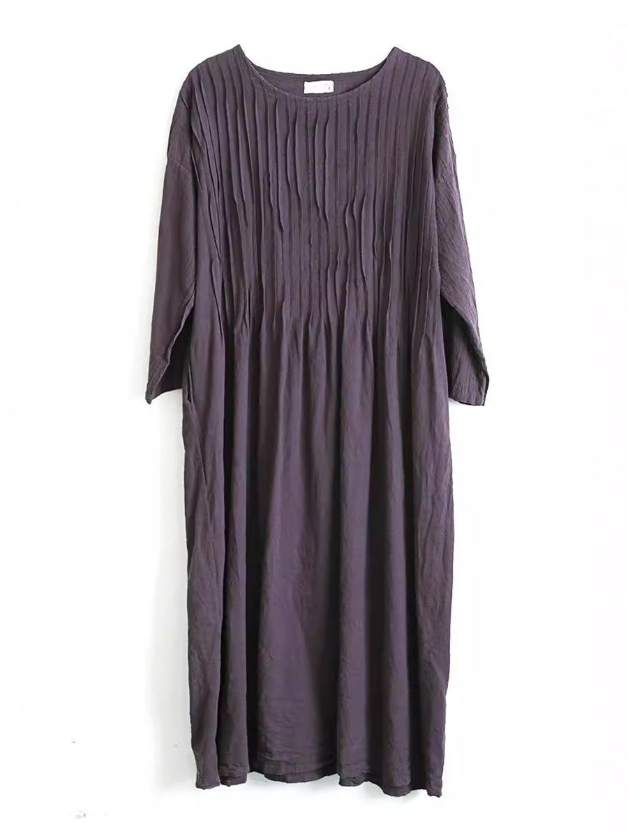 Plus Size Women Autumn Vintage Shirred Cotton O-Neck Dress