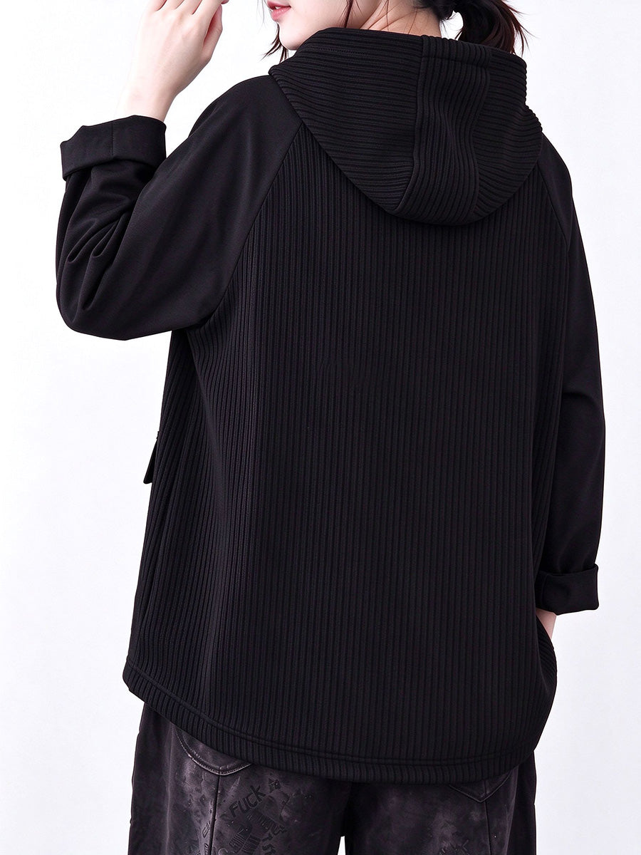 Plus Size Women Casual Loose Solid Color Bonded Patchwork Hooded Sweatshirt