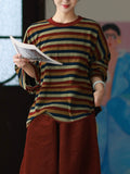 Plus Size Women Autumn Casual Stripe O-Neck 100%Cotton Blouse