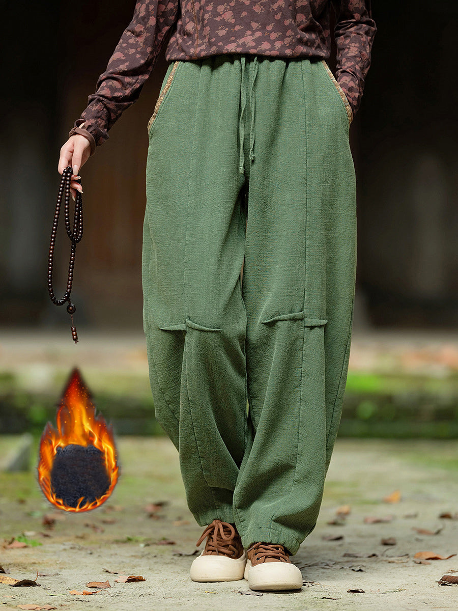 Plus Size Women Winter Retro Solid Spliced Padded Harem Pants