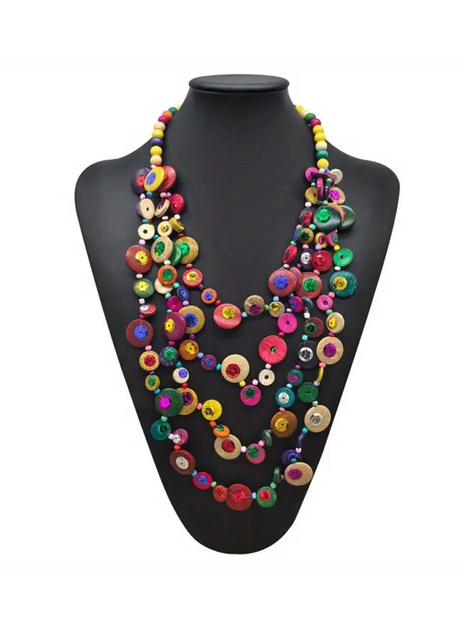 Bohemia Wooden Button Bead Multilayer Necklace