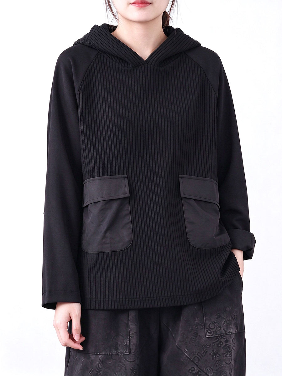 Plus Size Women Casual Loose Solid Color Bonded Patchwork Hooded Sweatshirt