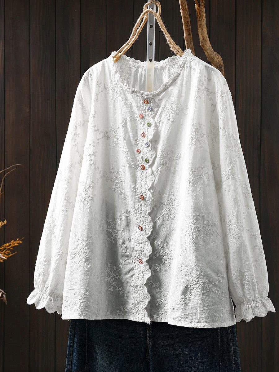 Plus Size Women Summer Artsy Flower Embroidery 100%Cotton Shirt