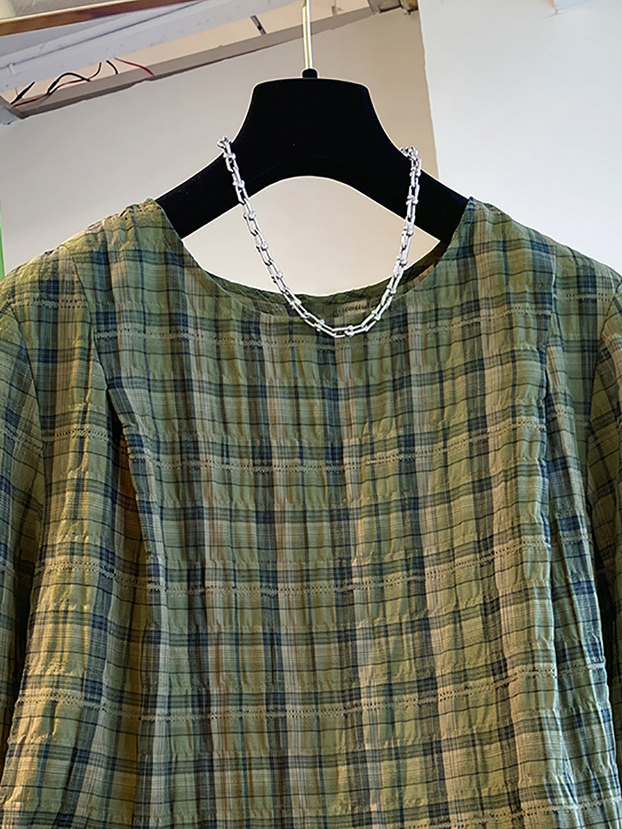 Plus Size Women Plaid Artsy Crew Cotton Long Sleeve Blouse