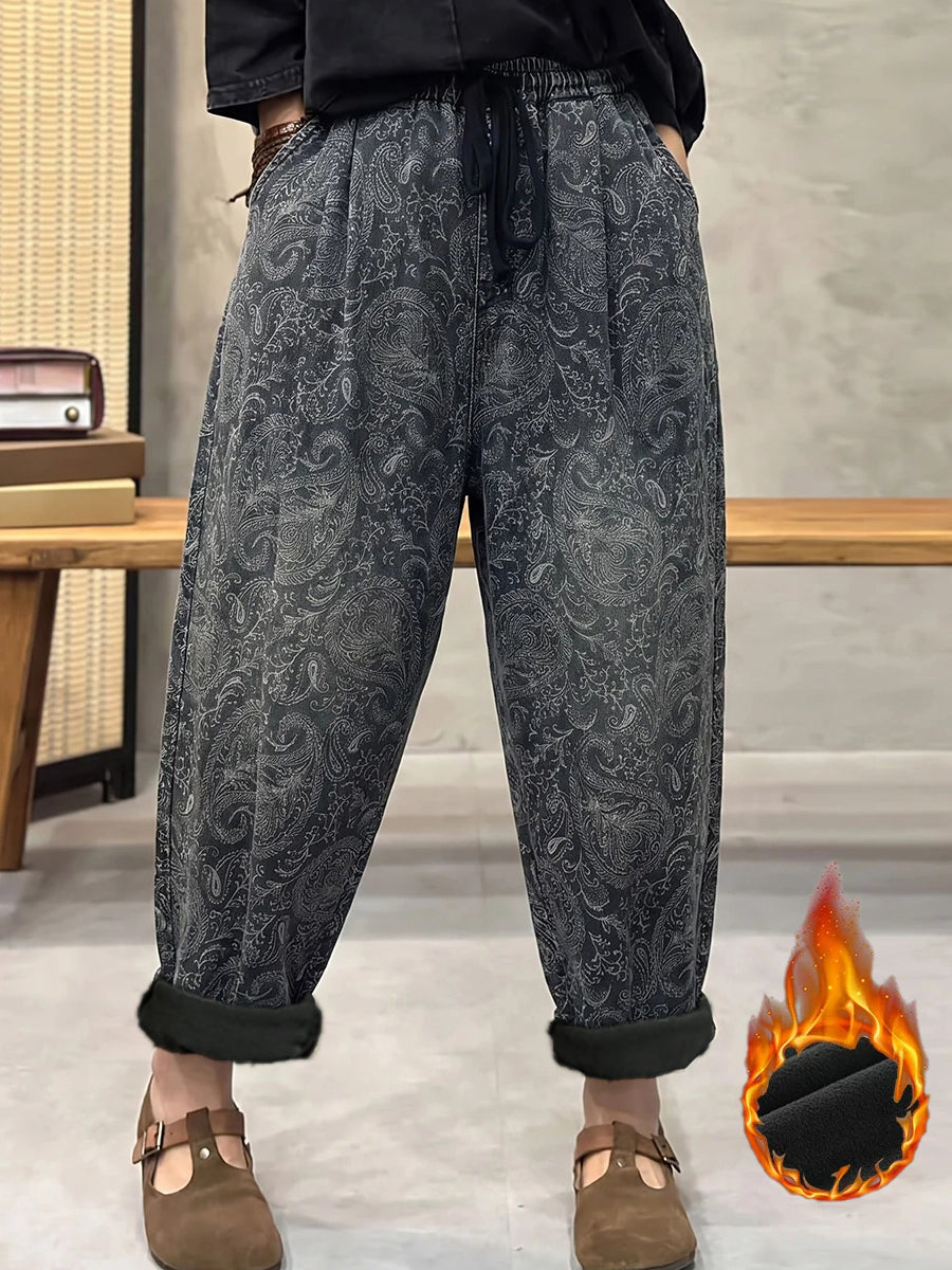 Plus Size Women Retro Flower Denim Fleece-Lined Harem Pants