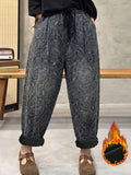 Plus Size Women Retro Flower Denim Fleece-Lined Harem Pants