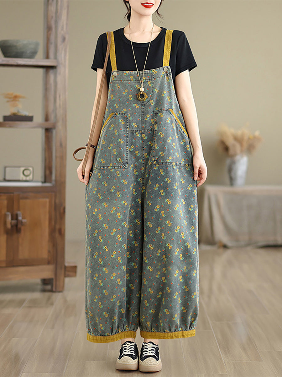 Plus Size Women Summer Casual Floral Denim Wide-leg Jumpsuits