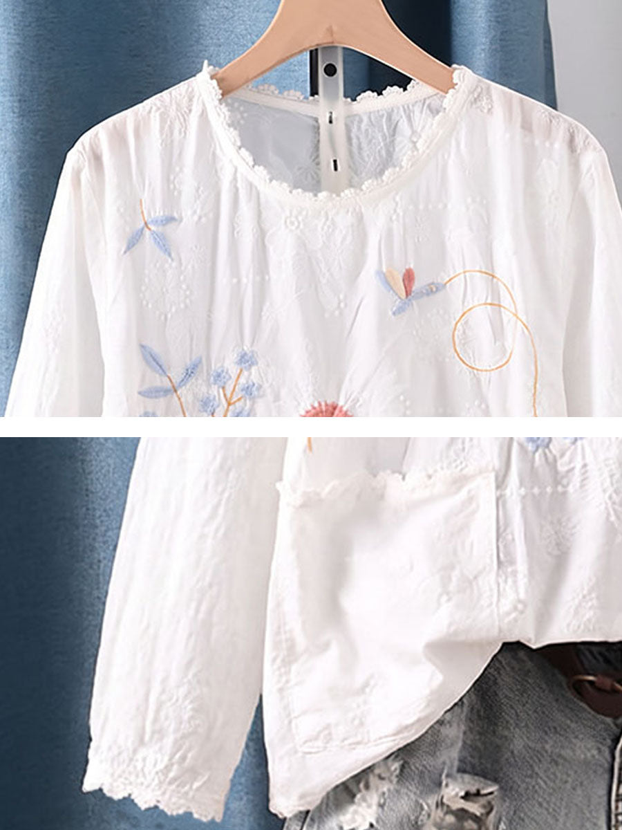 Plus Size Women Artsy Flower Embroidery 100%Cotton Long Sleeve Blouse
