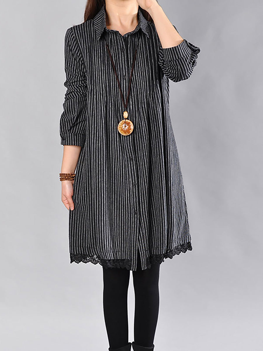 Plus Size Loose Cotton Linen Stripe Lace Hem Shirt Dress