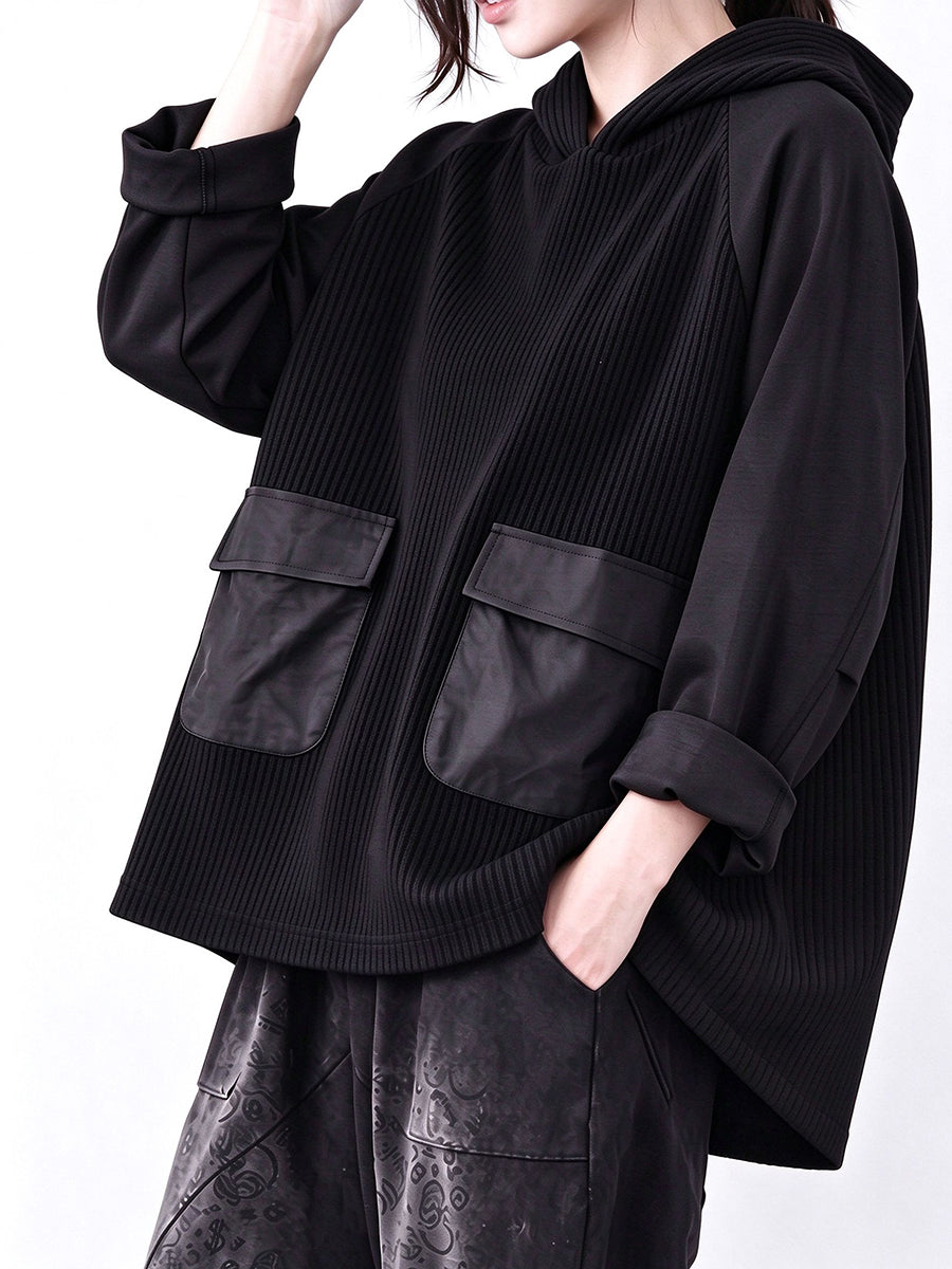 Plus Size Women Casual Loose Solid Color Bonded Patchwork Hooded Sweatshirt
