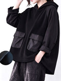 Plus Size Women Casual Loose Solid Color Bonded Patchwork Hooded Sweatshirt