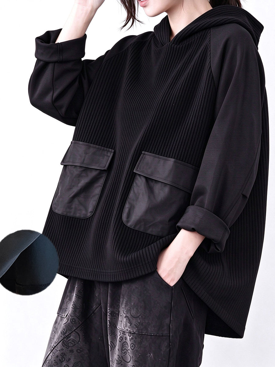 Plus Size Women Casual Loose Solid Color Bonded Patchwork Hooded Sweatshirt