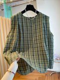 Plus Size Women Summer Plaid Artsy Crew Cotton Sleeveless Blouse