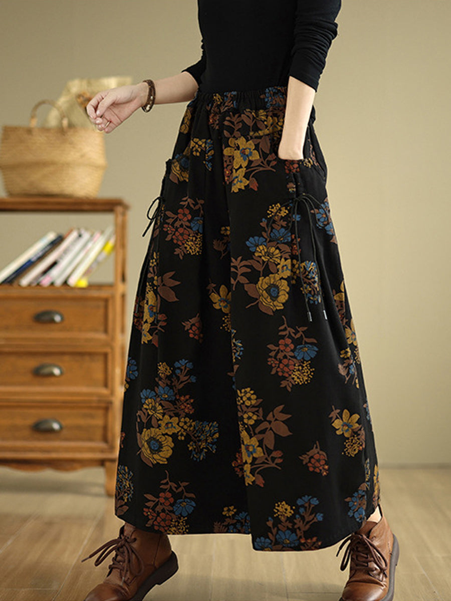 Women Autumn Retro Flower Denim Wide-leg Jeans